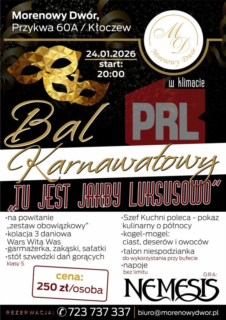 plakat Bal karnawałowy Morenowy Dwór Rososz